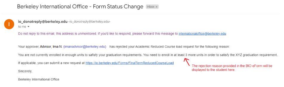 rejection email to student